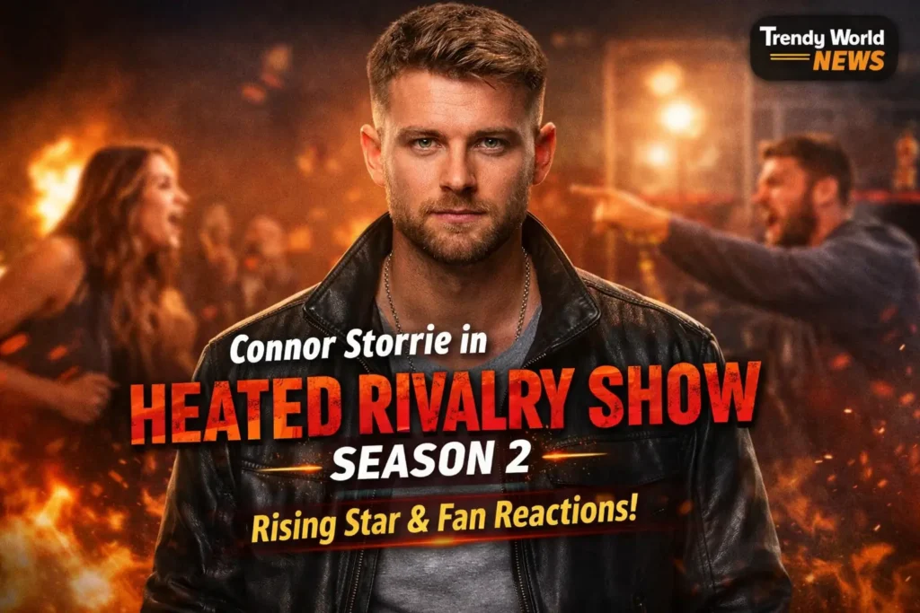 Connor Storrie in Heated Rivalry Show Season 2, standing confidently with a fiery background and Trendy World News logo in the corner.