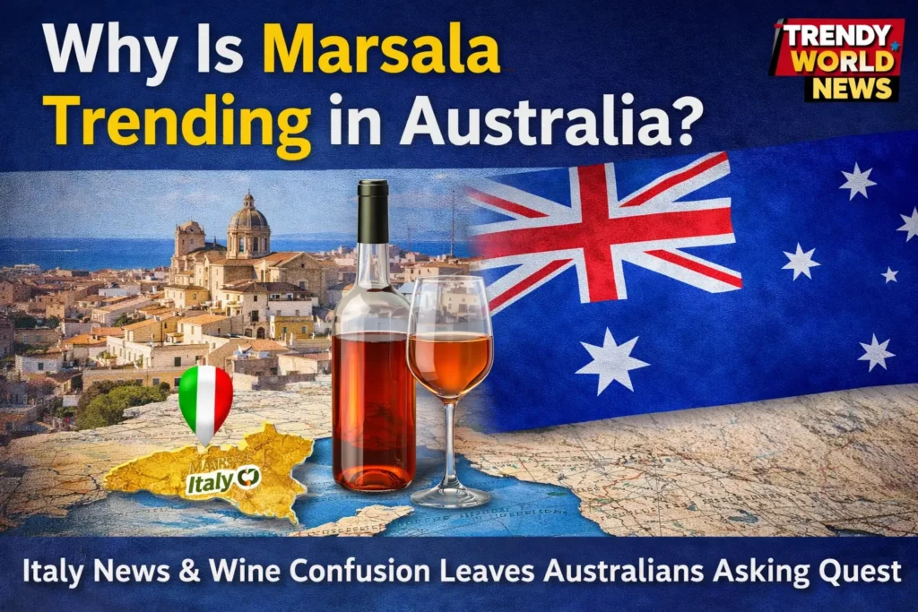 Marsala trending in Australia explained with Italy city view, Marsala wine, and Australian flag